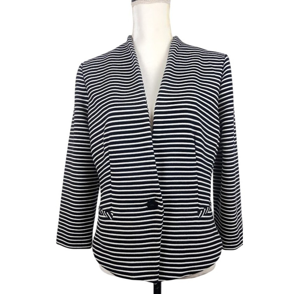 CYNTHIA ROWLEY L Black White Striped‎ Fitted Blazer Jacket One Button Career